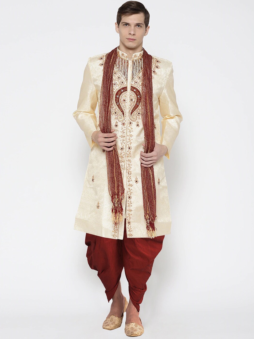 

SG LEMAN Men Cream-Colored & Maroon Embellished Sherwani Set