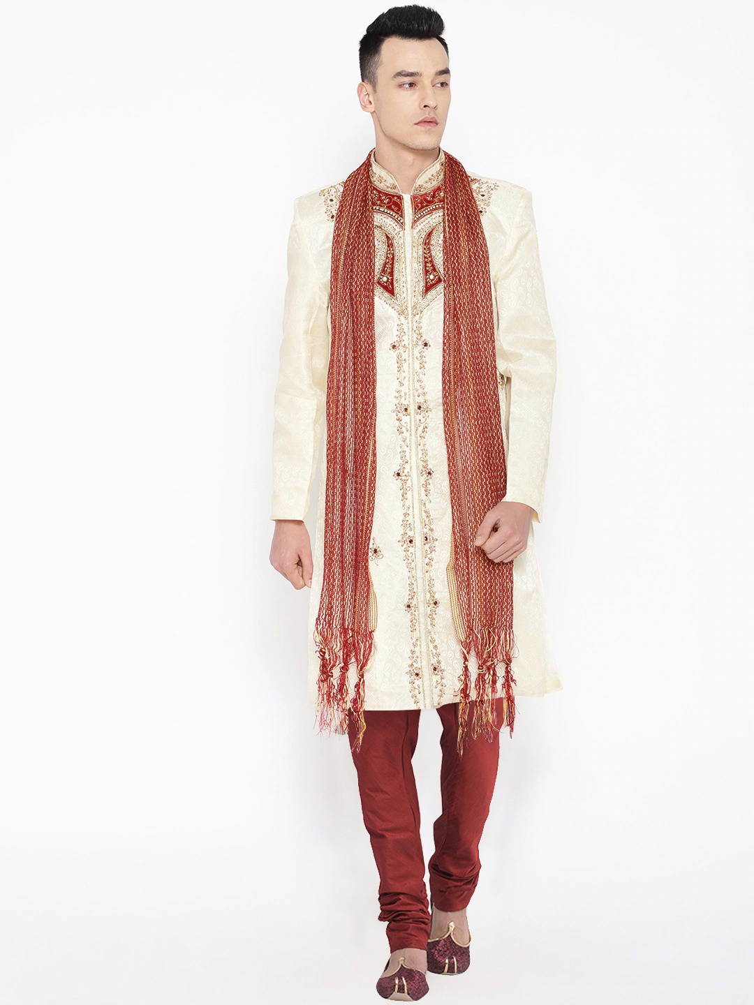 

SG LEMAN Men Cream-Colored & Maroon Embellished Sherwani Set