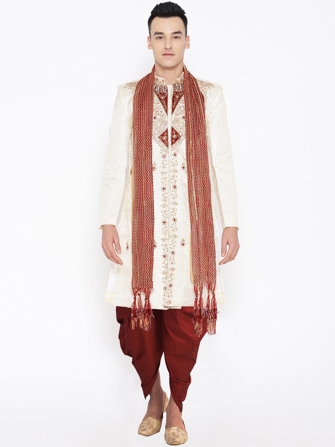 

SG LEMAN Men Cream-Colored & Maroon Embellished Sherwani Set