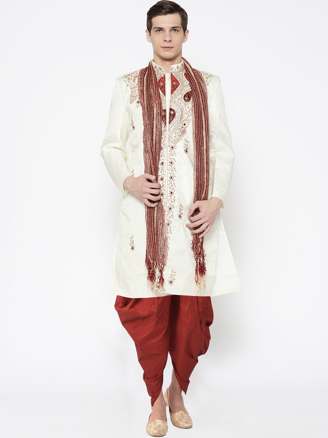

SG LEMAN Men Cream & Maroon Embellished Sherwani Set