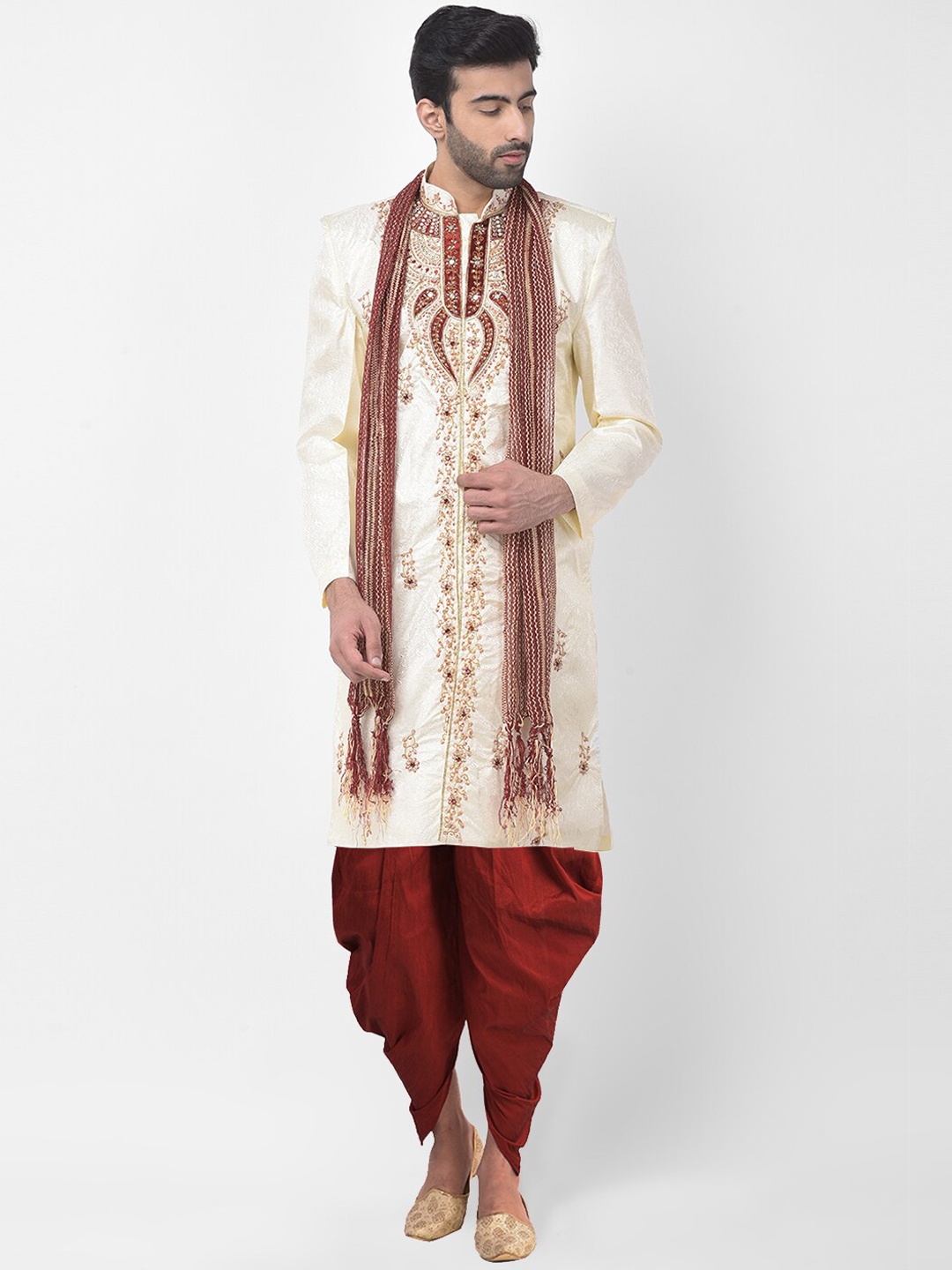 

SG LEMAN Men Cream-Colored & Maroon Embellished Sherwani Set