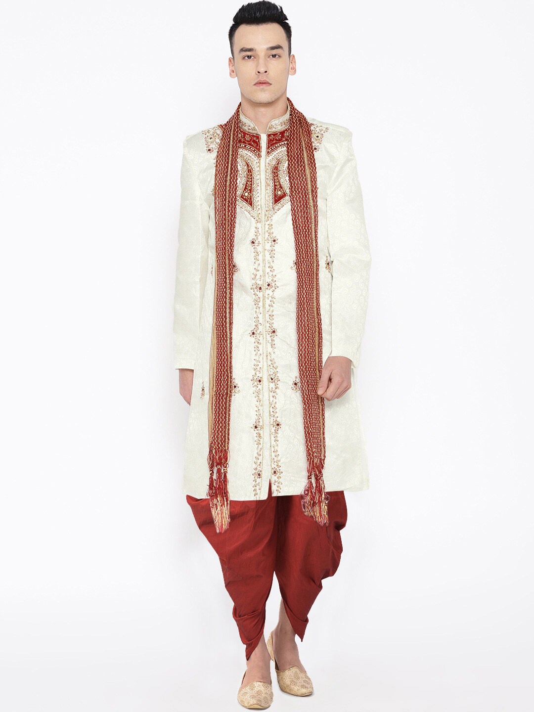 

SG LEMAN Men Cream & Maroon Embellished Sherwani Set