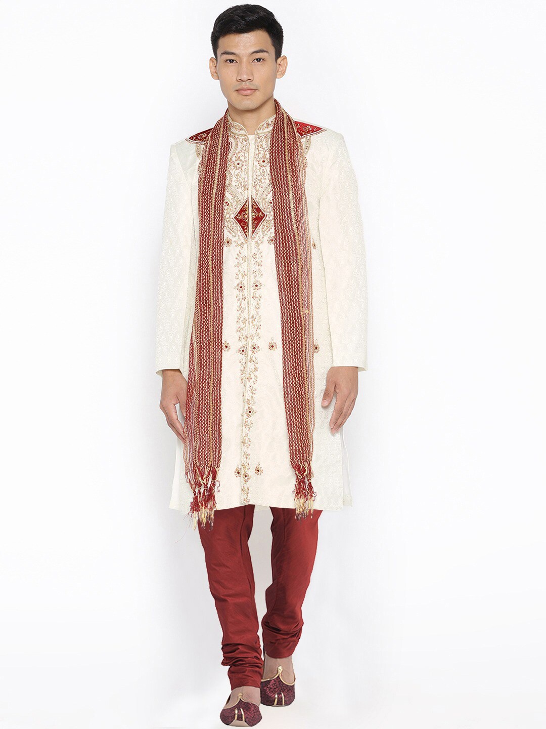 

SG LEMAN Men Cream-Colored & Maroon Embellished Sherwani Set