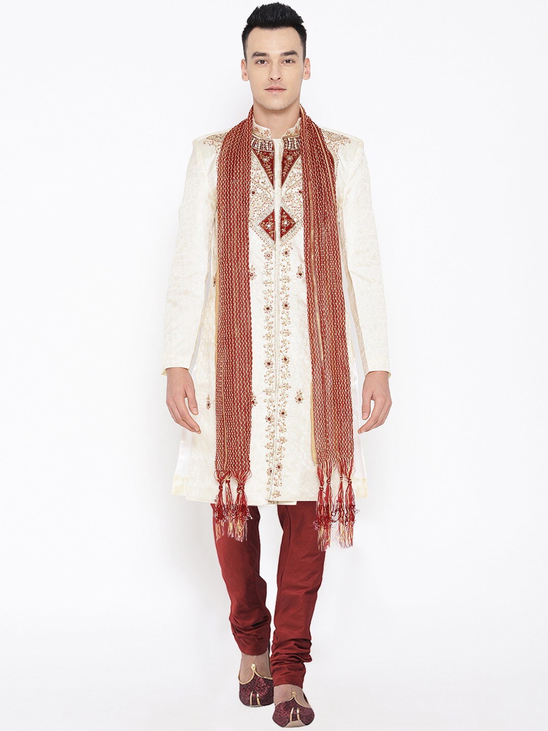 

SG LEMAN Men Cream-Colored & Maroon Embellished Sherwani Set