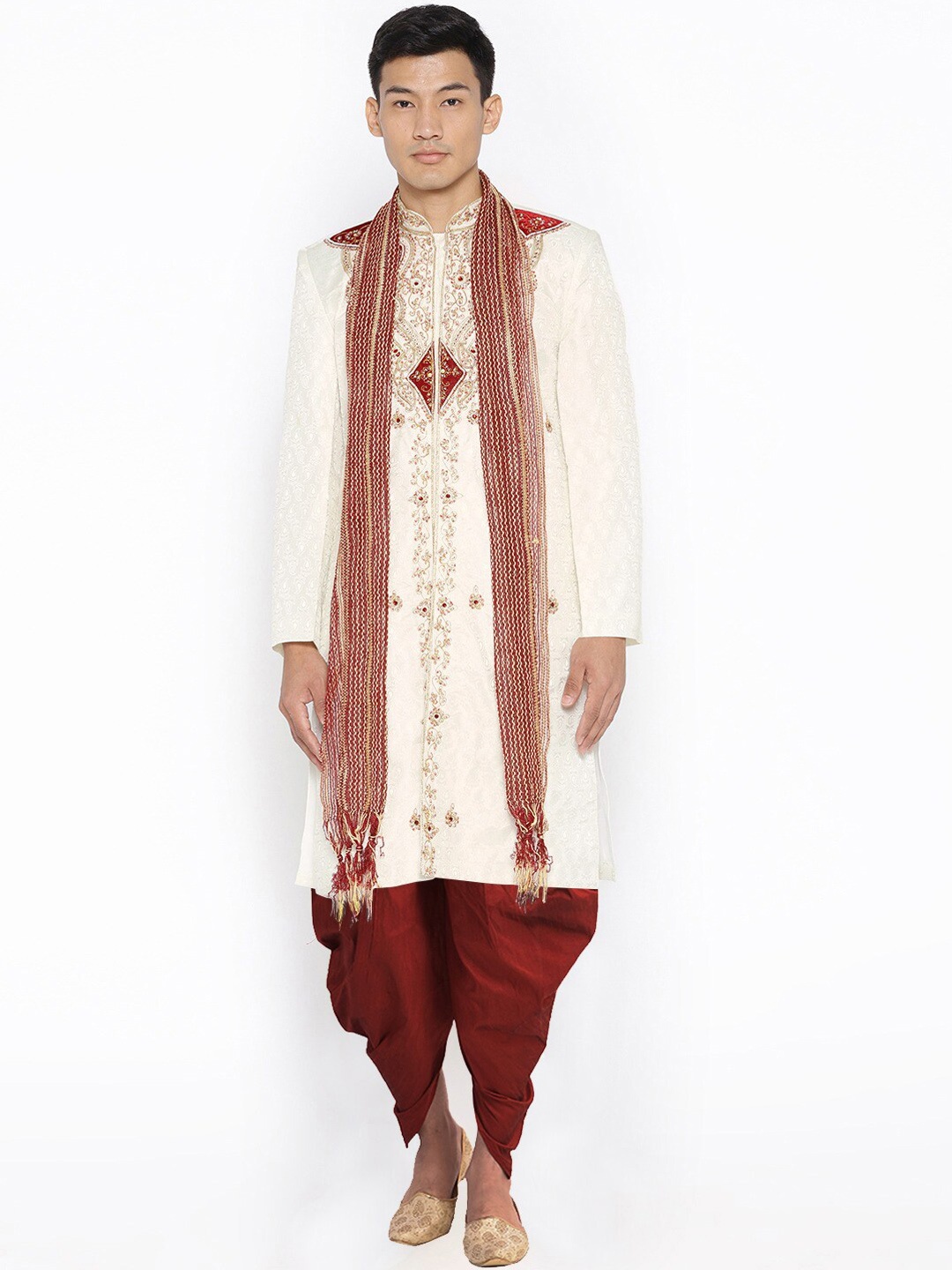 

SG LEMAN Men Cream-Coloured Maroon Embellished Sherwani Set