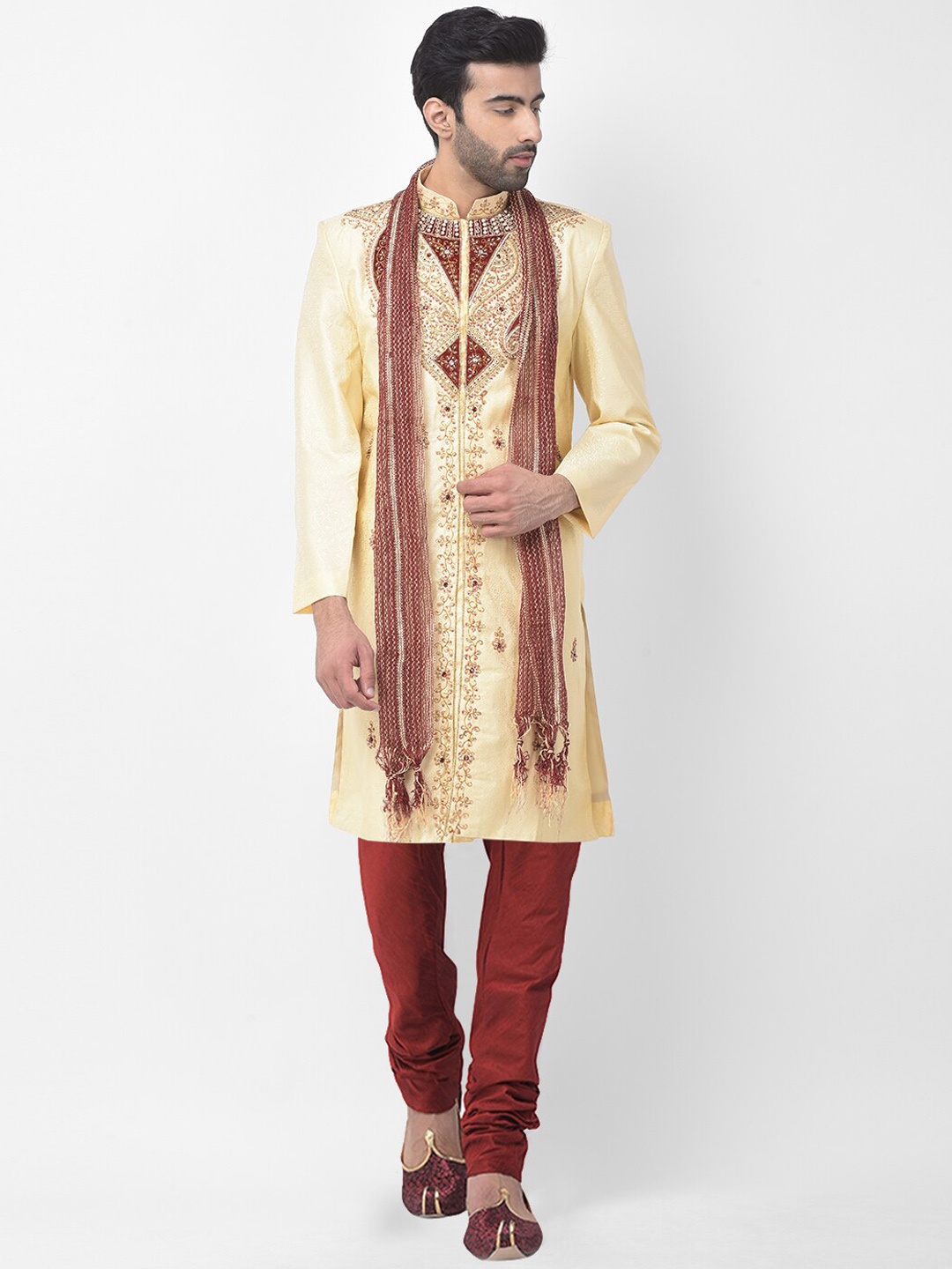 

SG LEMAN Men Cream-Colored & Maroon Embroidered Sherwani Set