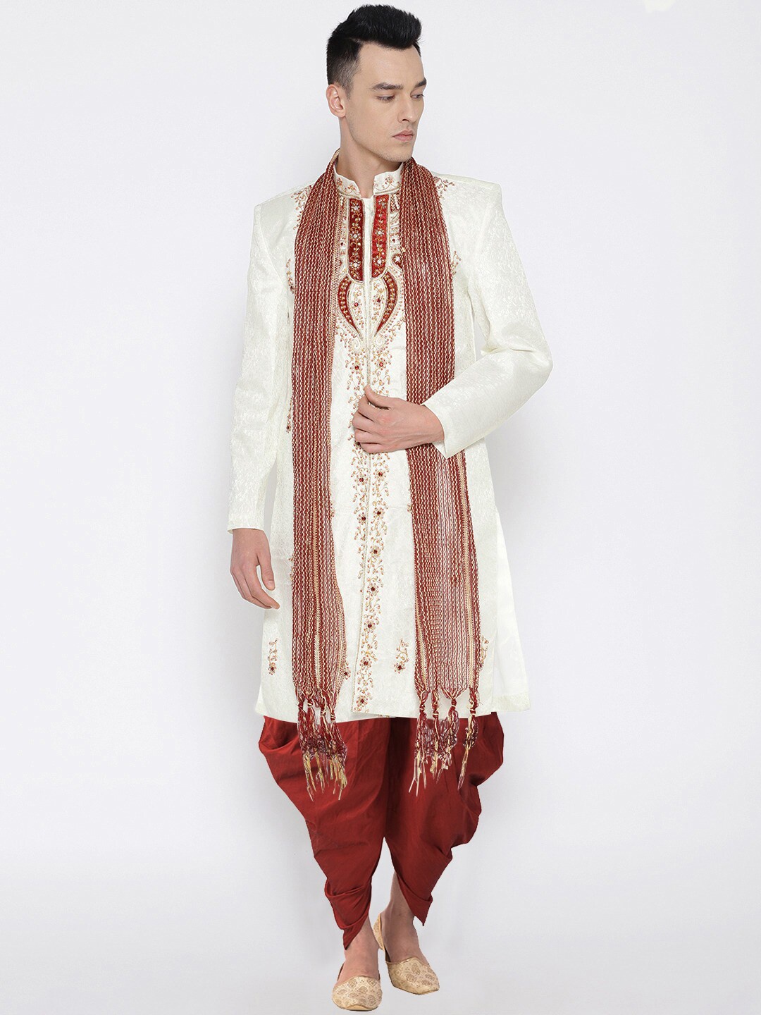 

SG LEMAN Men Cream & Red Printed Sherwani Set