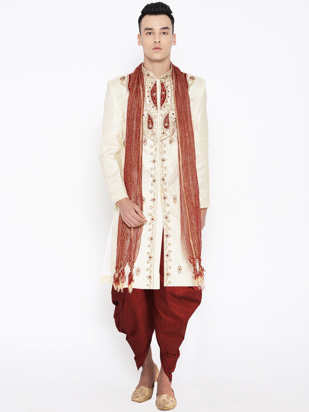 

SG LEMAN Men Cream-Colored & Maroon Embellished Sherwani Set