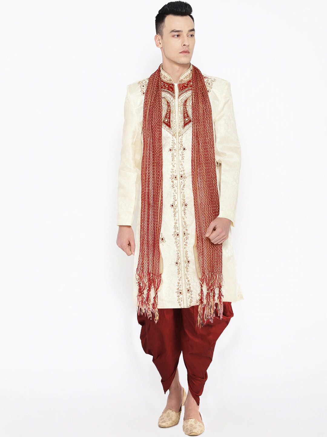 

SG LEMAN Men Cream-Colored & Maroon Embellished Sherwani Set