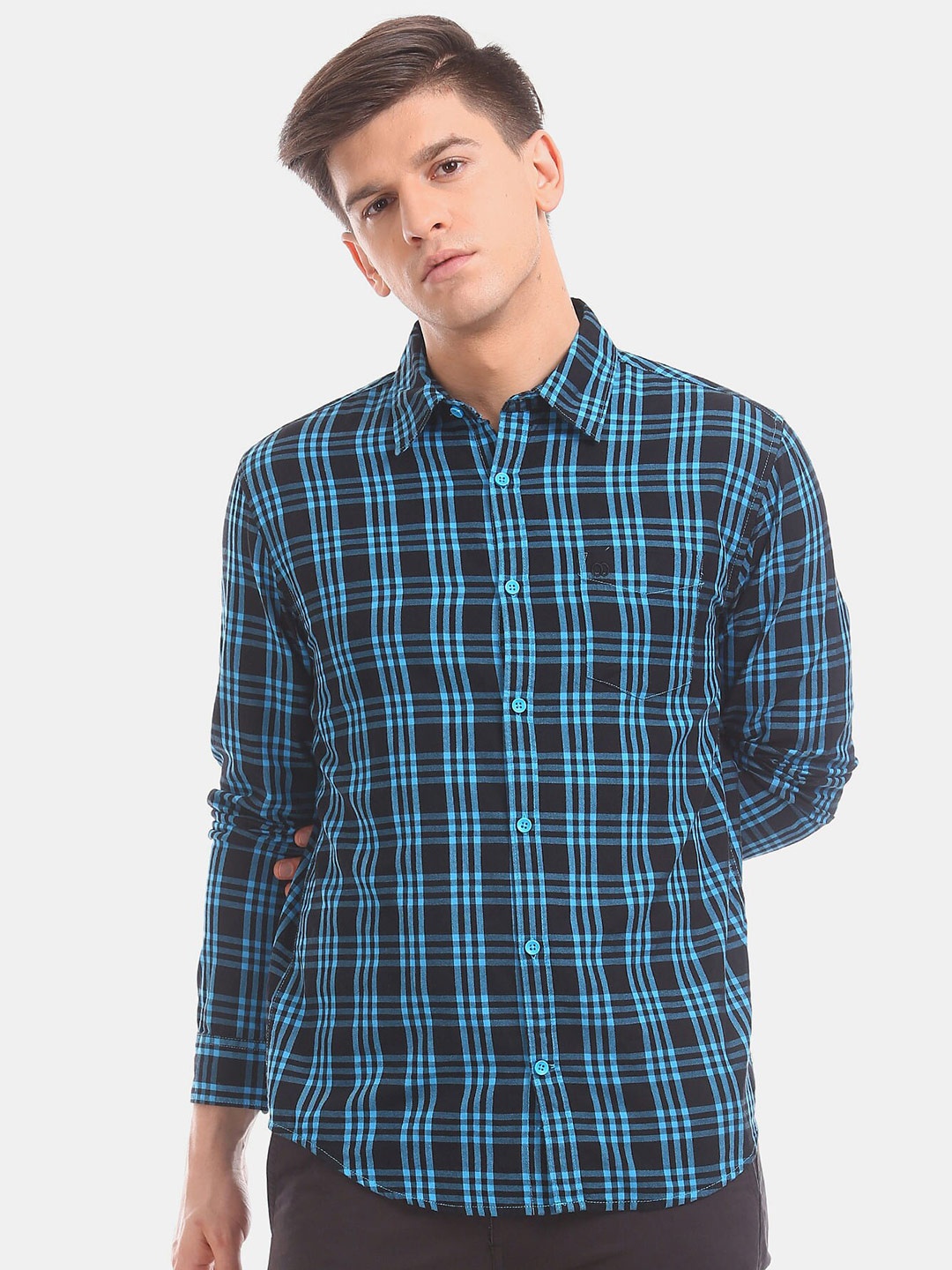 

Ruggers Men Blue And Black Tartan Checked Casual Shirt