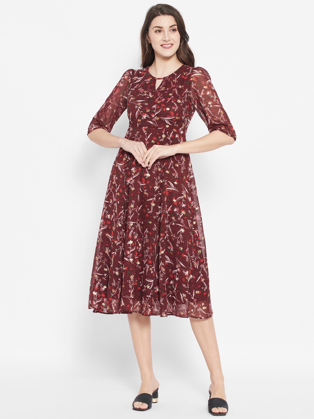 

HOUSE OF KKARMA Red Floral A-Line Midi Dress