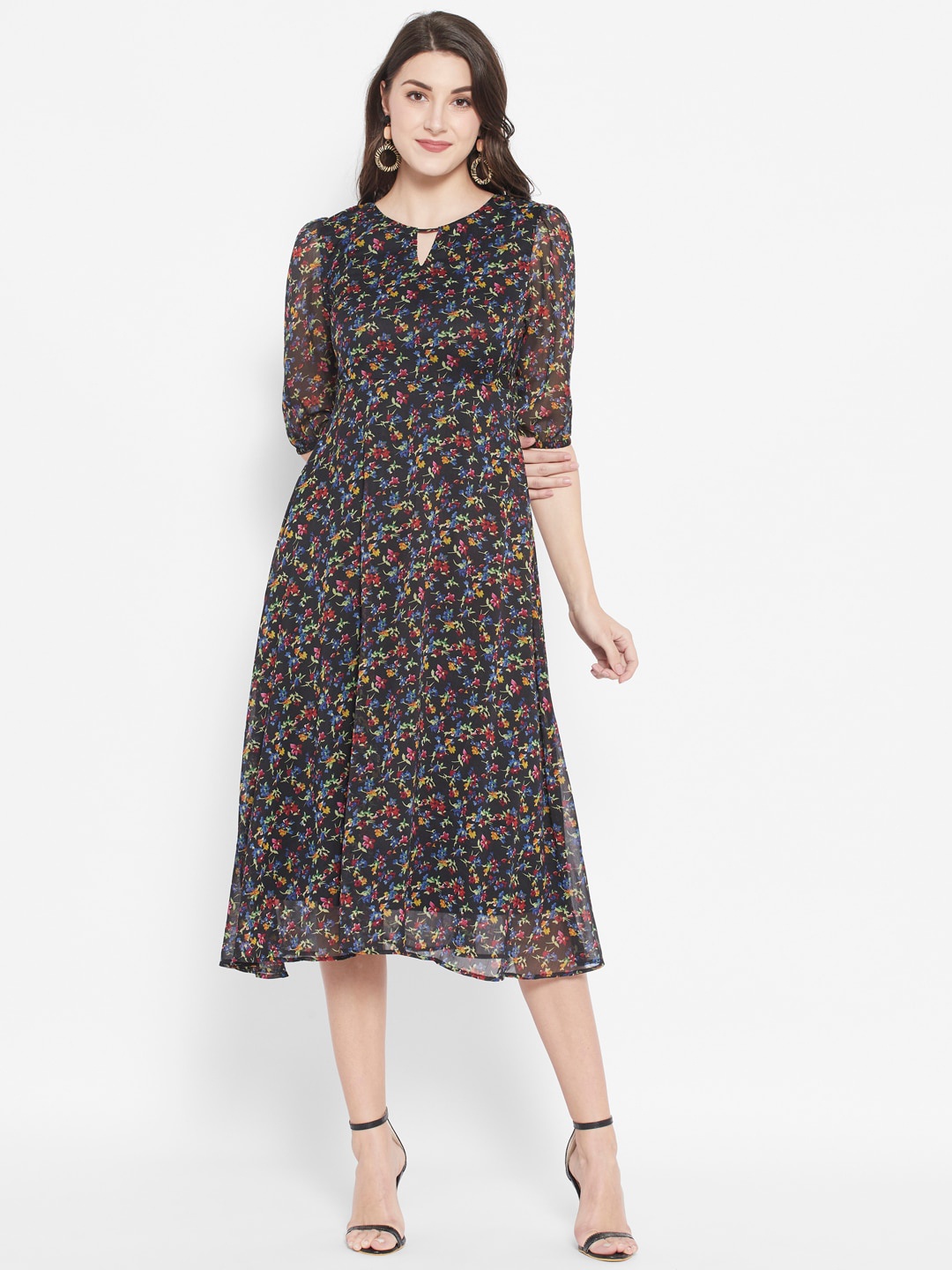 

HOUSE OF KKARMA Black Floral Keyhole Neck Midi Dress