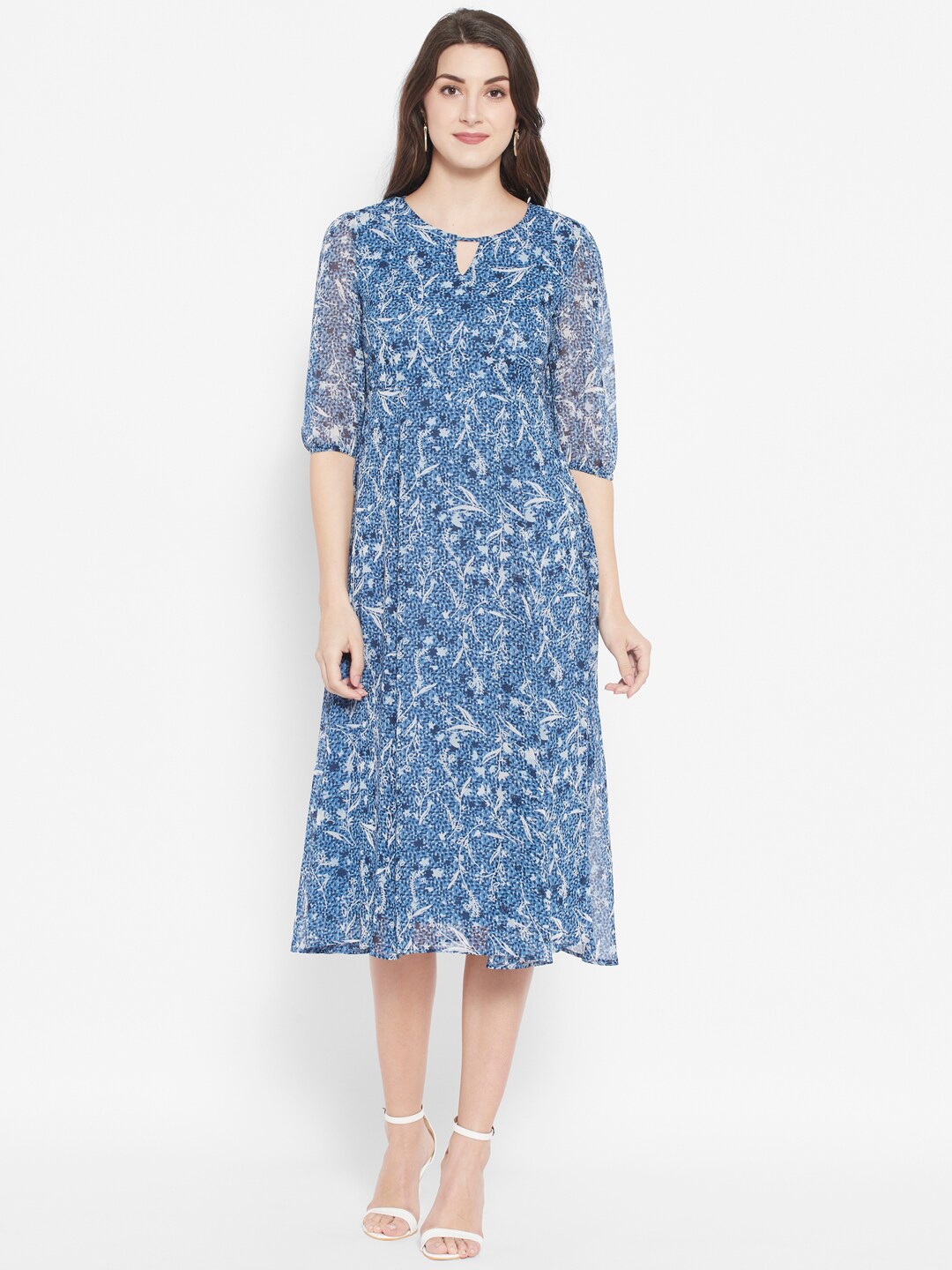 

HOUSE OF KKARMA Blue Floral Keyhole Neck A-Line Midi Dress