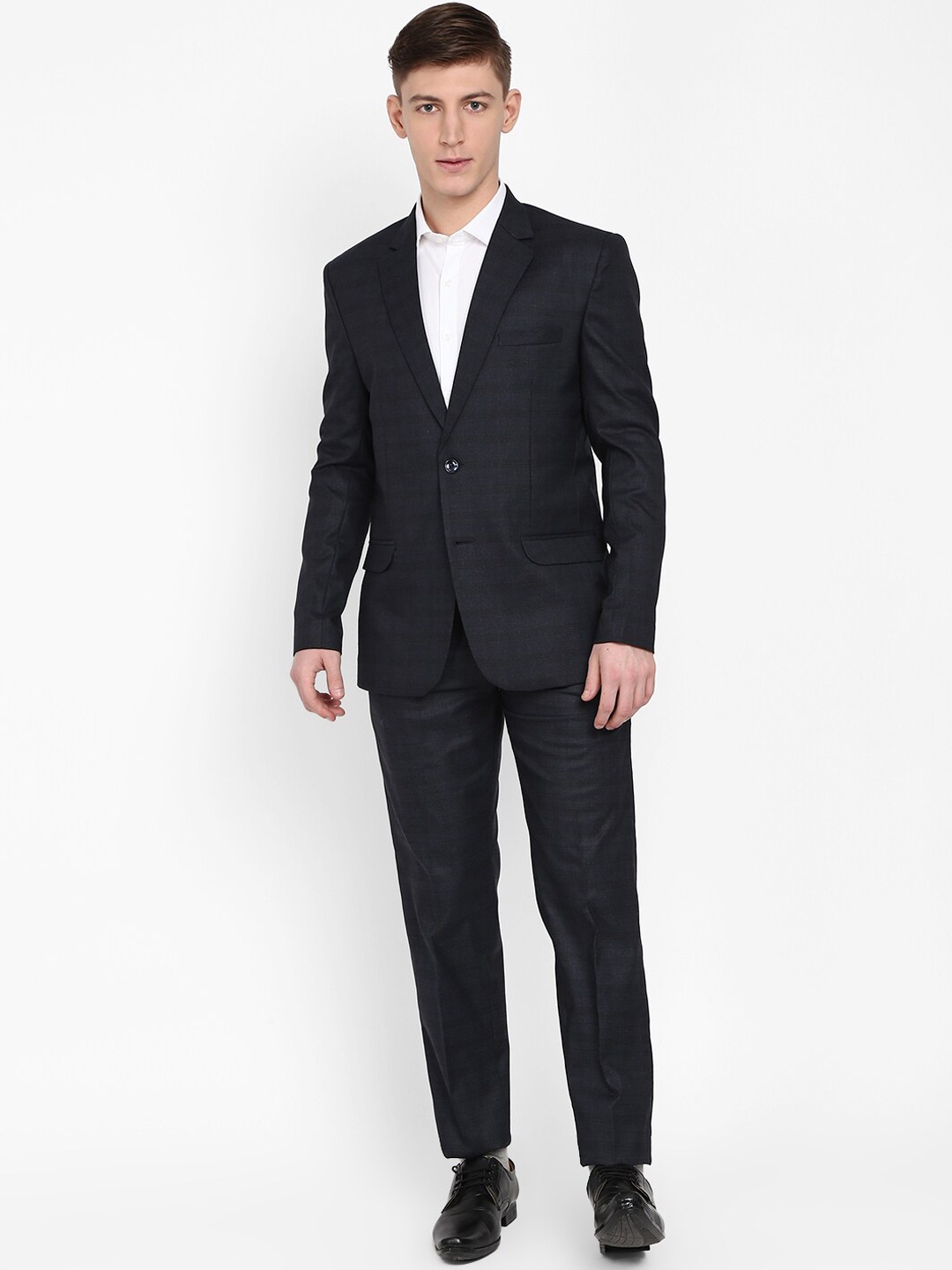 

V-Mart Men 2 Piece Navy Blue Checked Regular Fit Notched Lapel Formal Suit