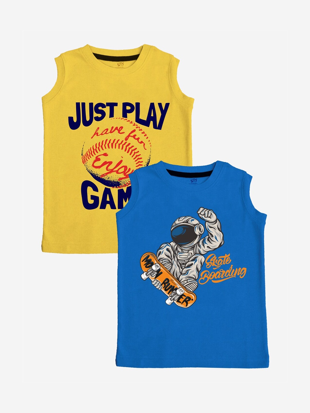 

x2o Kids Pack Of 2 Printed Blue & Yellow Pure Cotton Basic Innerwear Vests