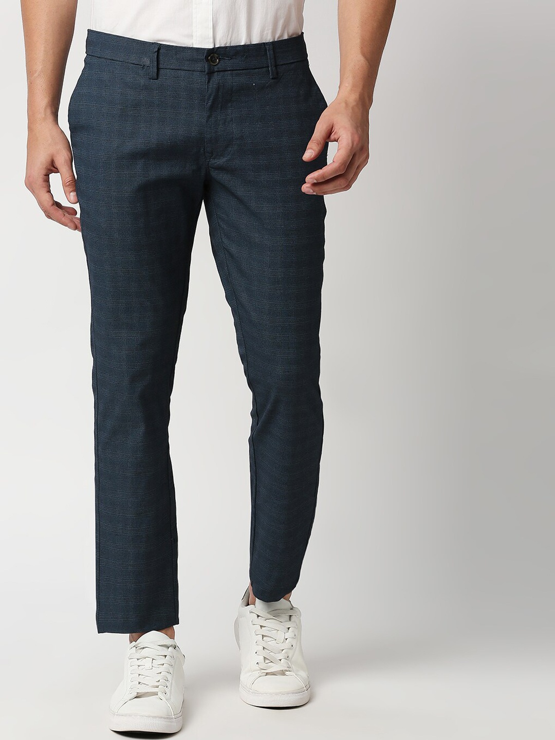 

Basics Men Navy Blue Checked Tapered Fit Trousers