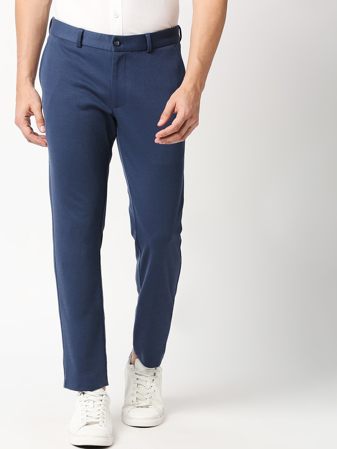 

Basics Men Navy Blue Tapered Fit Low-Rise Trousers
