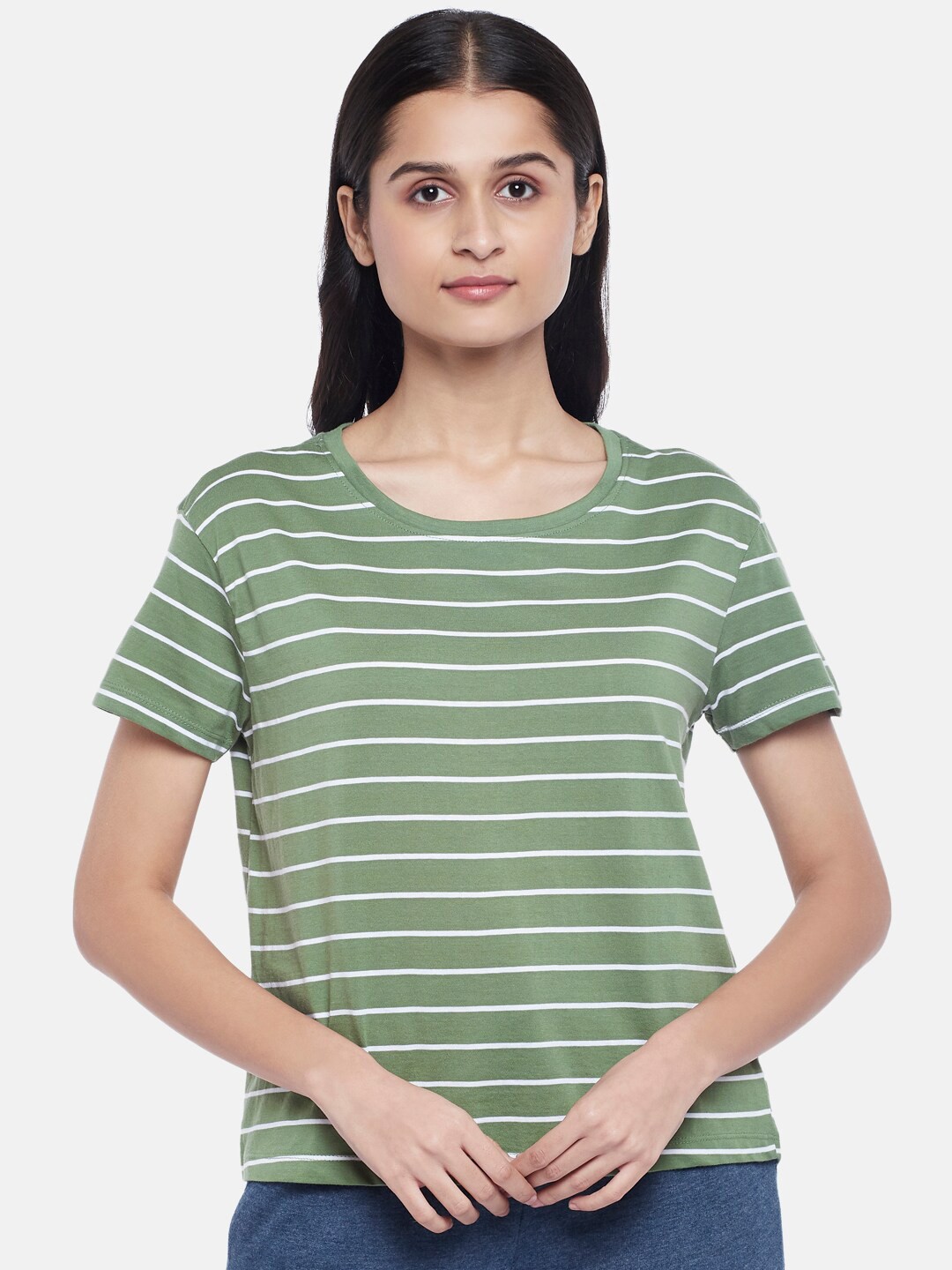 

Dreamz by Pantaloons Green Striped Lounge tshirt
