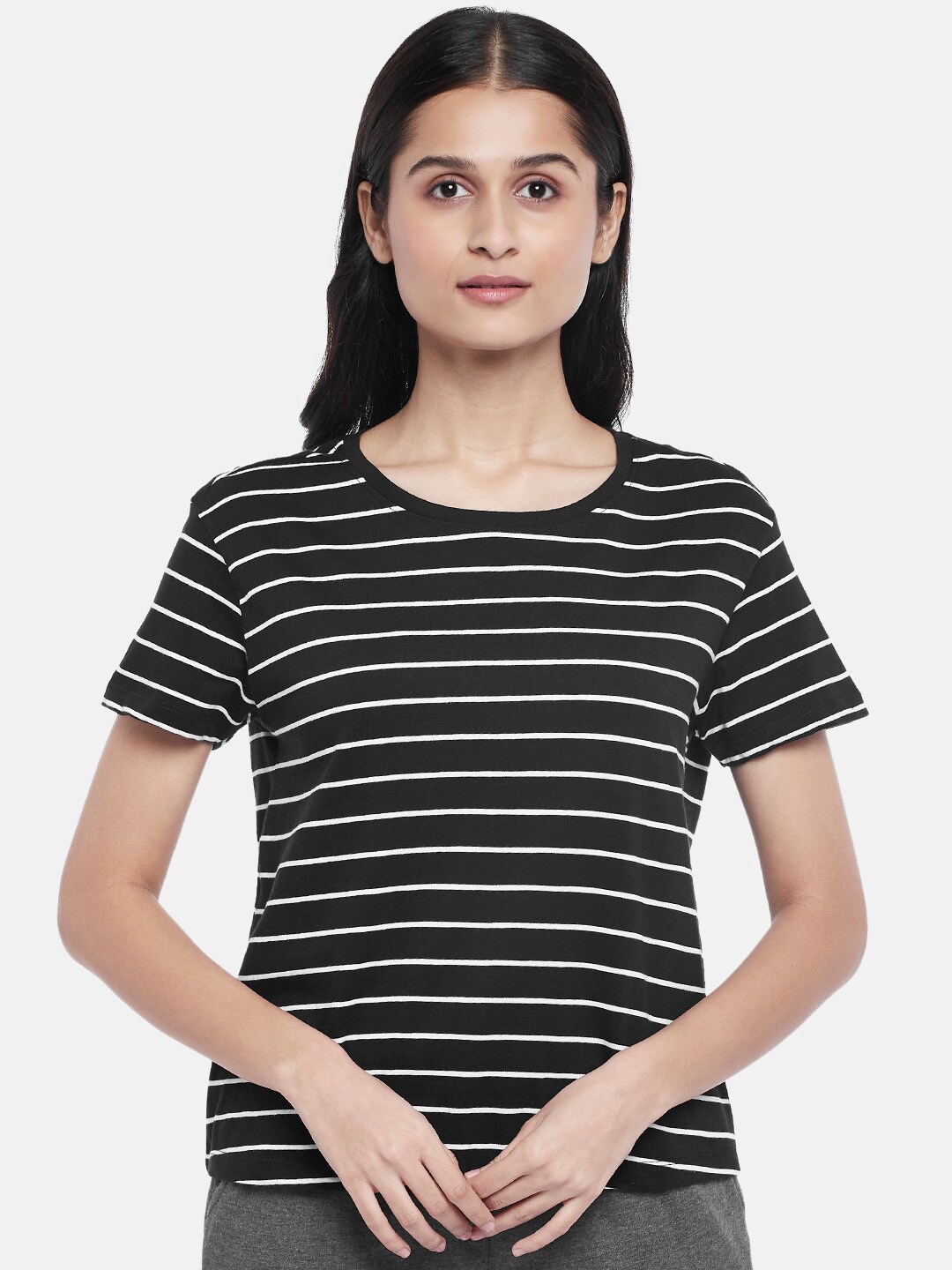 

Dreamz by Pantaloons Black Striped Lounge tshirt
