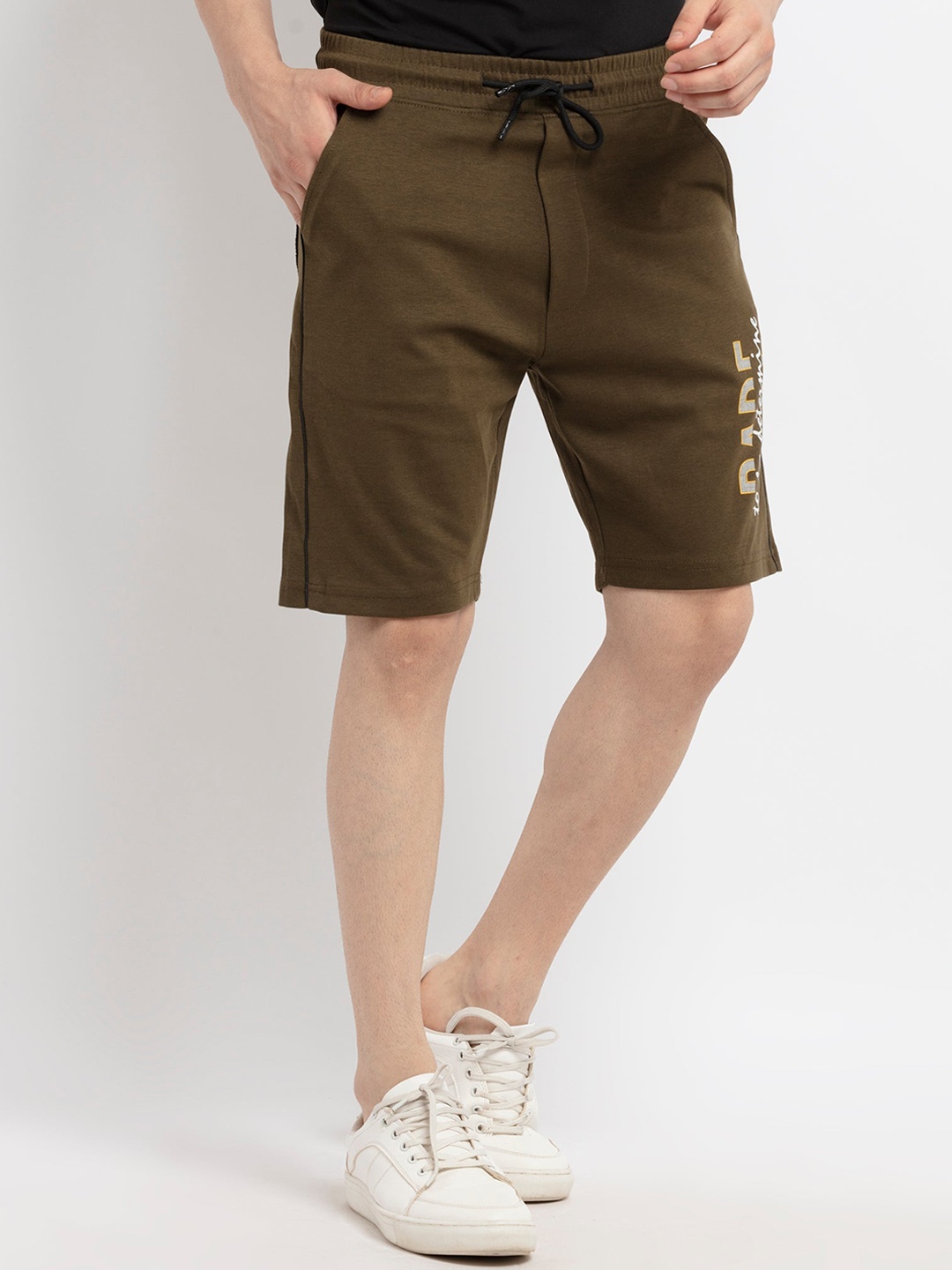 

Status Quo Men Olive Green Typography Printed Shorts