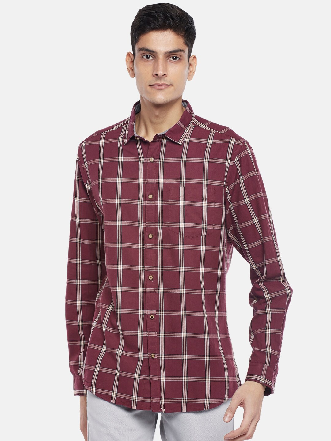 

BYFORD by Pantaloons Men Maroon Slim Fit Windowpane Checked Casual Shirt