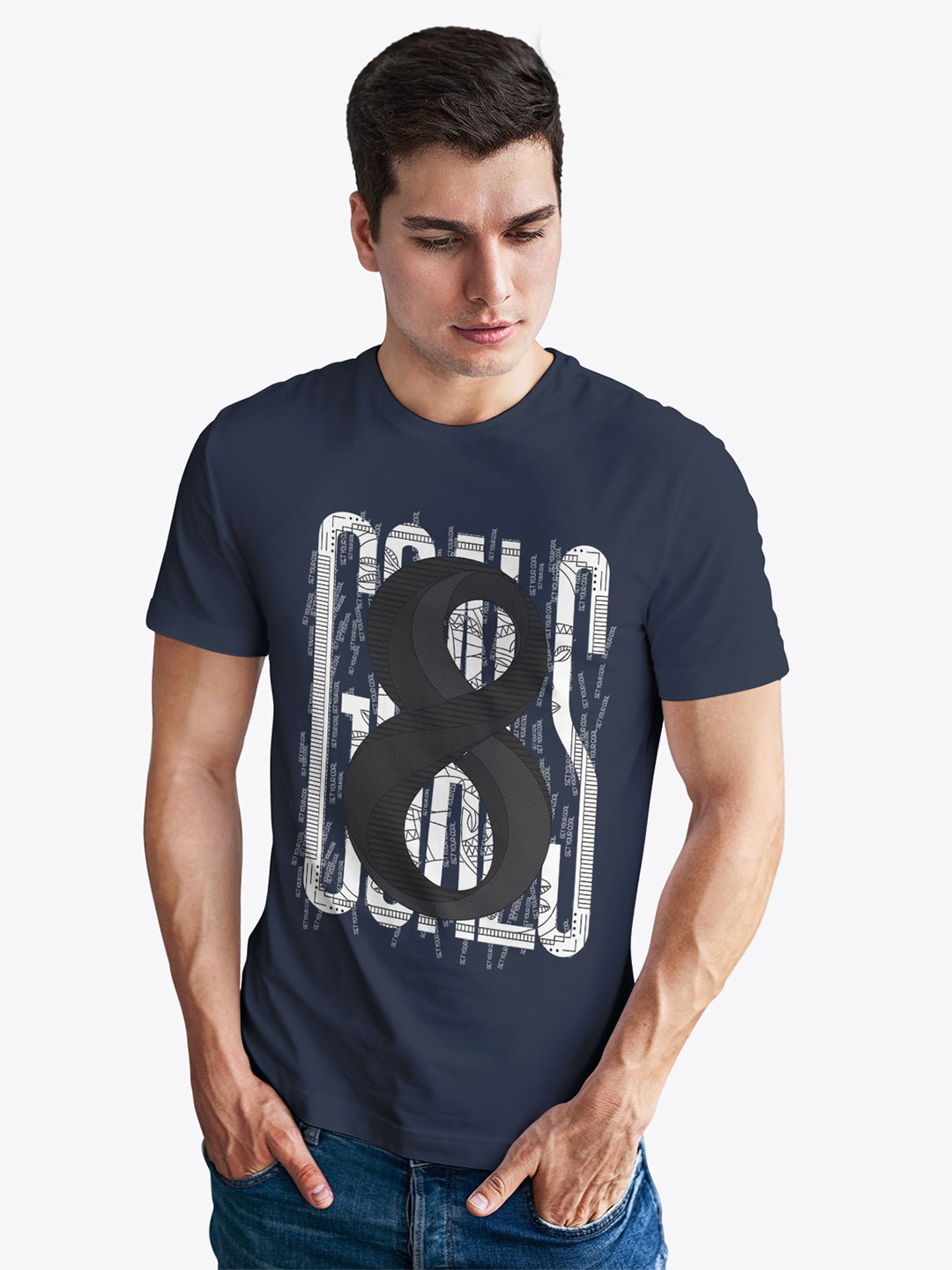 

Status Quo Men Navy Blue Typography Printed Raw Edge T-shirt