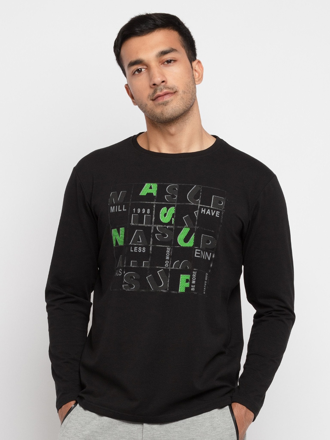 

Status Quo Men Black Typography Printed T-shirt