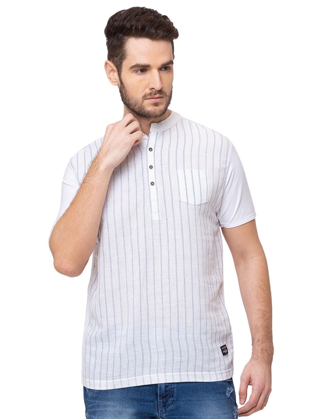 

Status Quo Men White Striped Henley Neck Cotton T-shirt