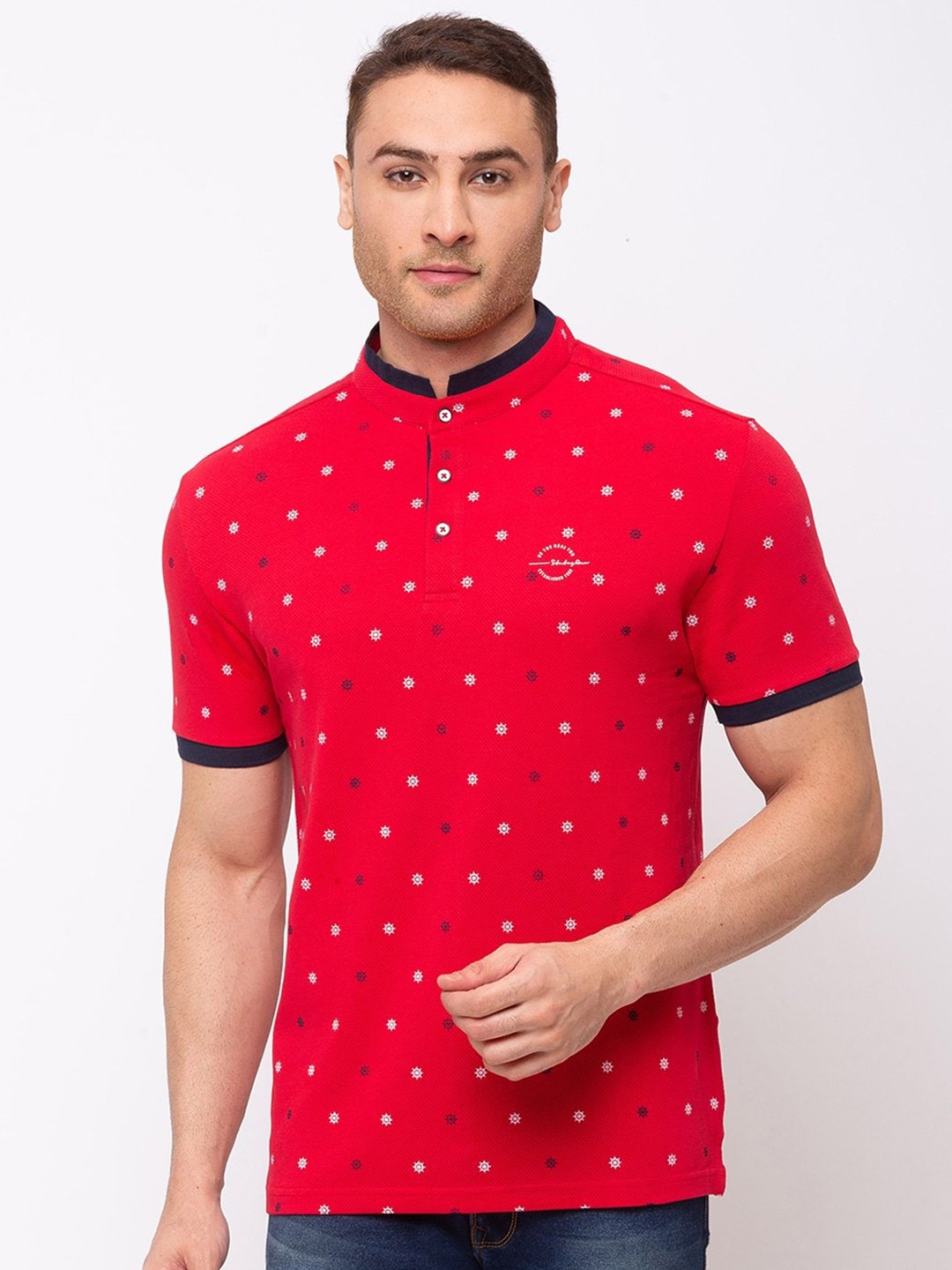 

Status Quo Men Red Printed Mandarin Collar T-shirt