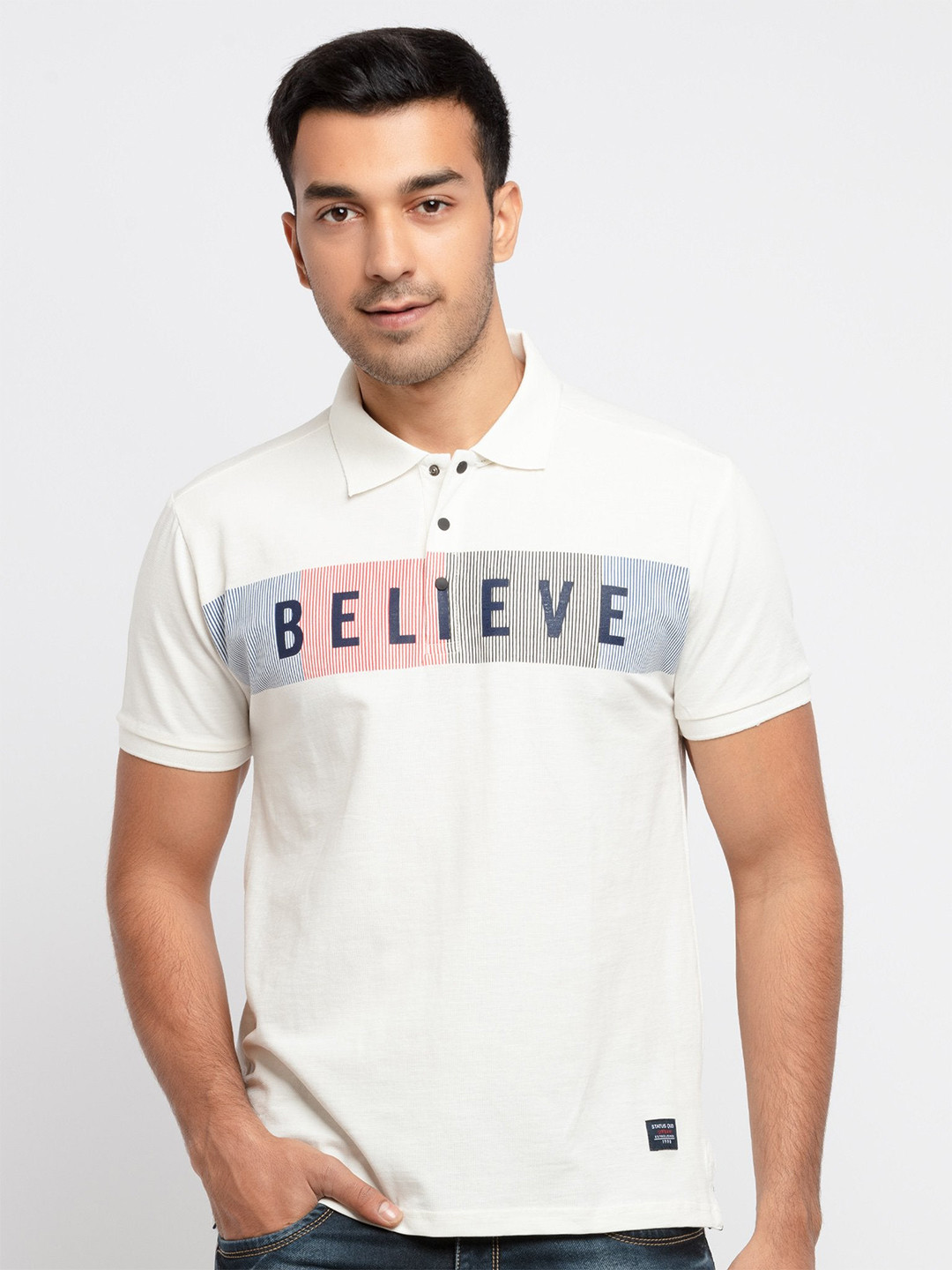 

Status Quo Men Off White Typography Printed Polo Collar Cotton T-shirt