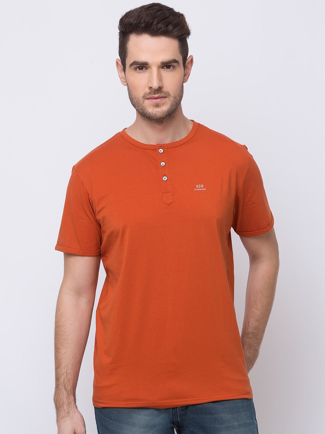 

Status Quo Men Orange Henley Neck Cotton T-shirt