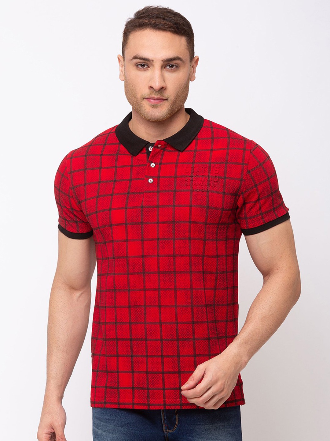 

Status Quo Men Red Checked Polo Collar Cotton T-shirt