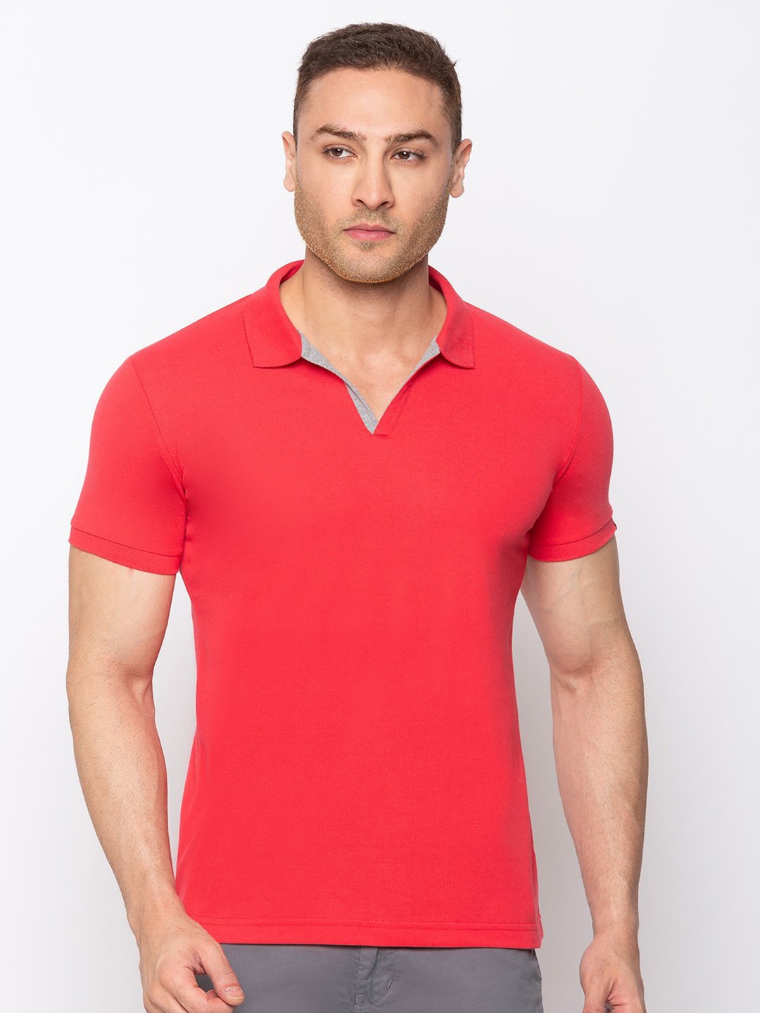 

Status Quo Men Coral Polo Collar Cotton T-shirt