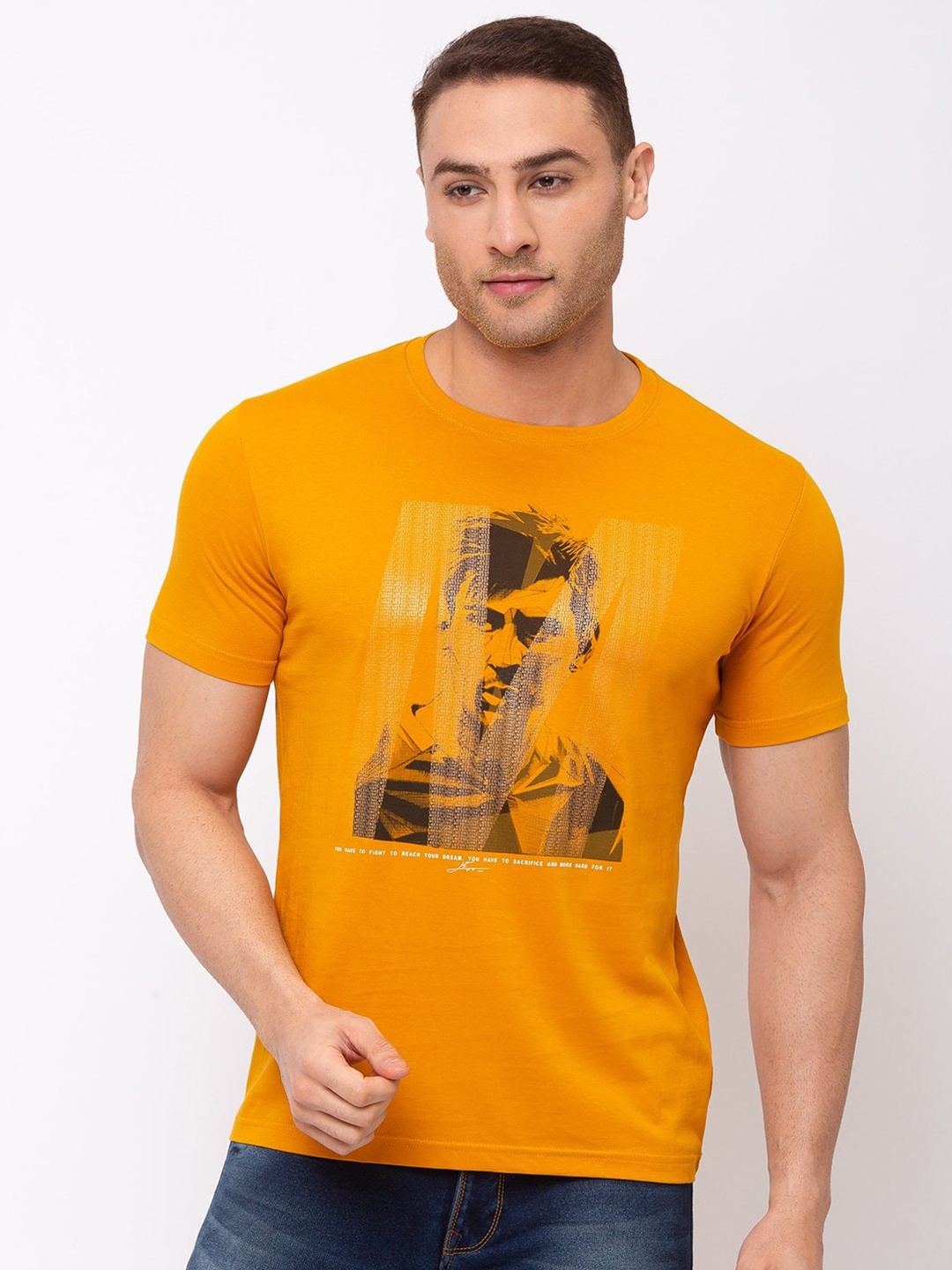 

Status Quo Men Yellow Printed Cotton T-shirt