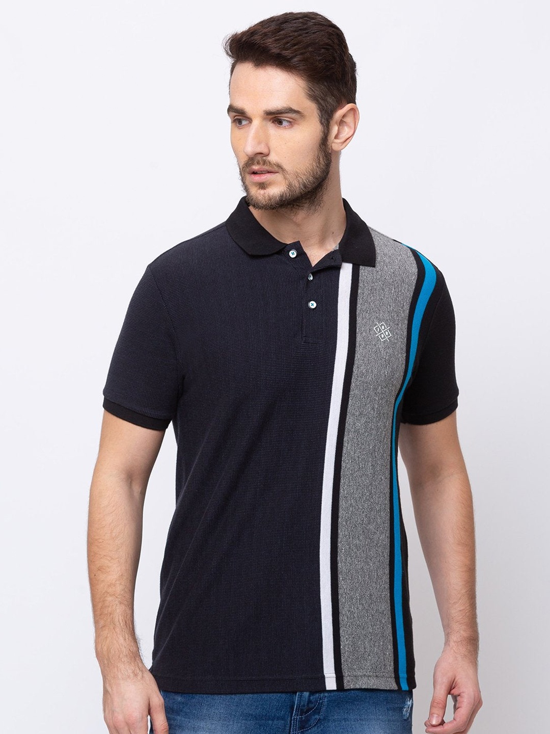 

Status Quo Men Black Striped Polo Collar T-shirt