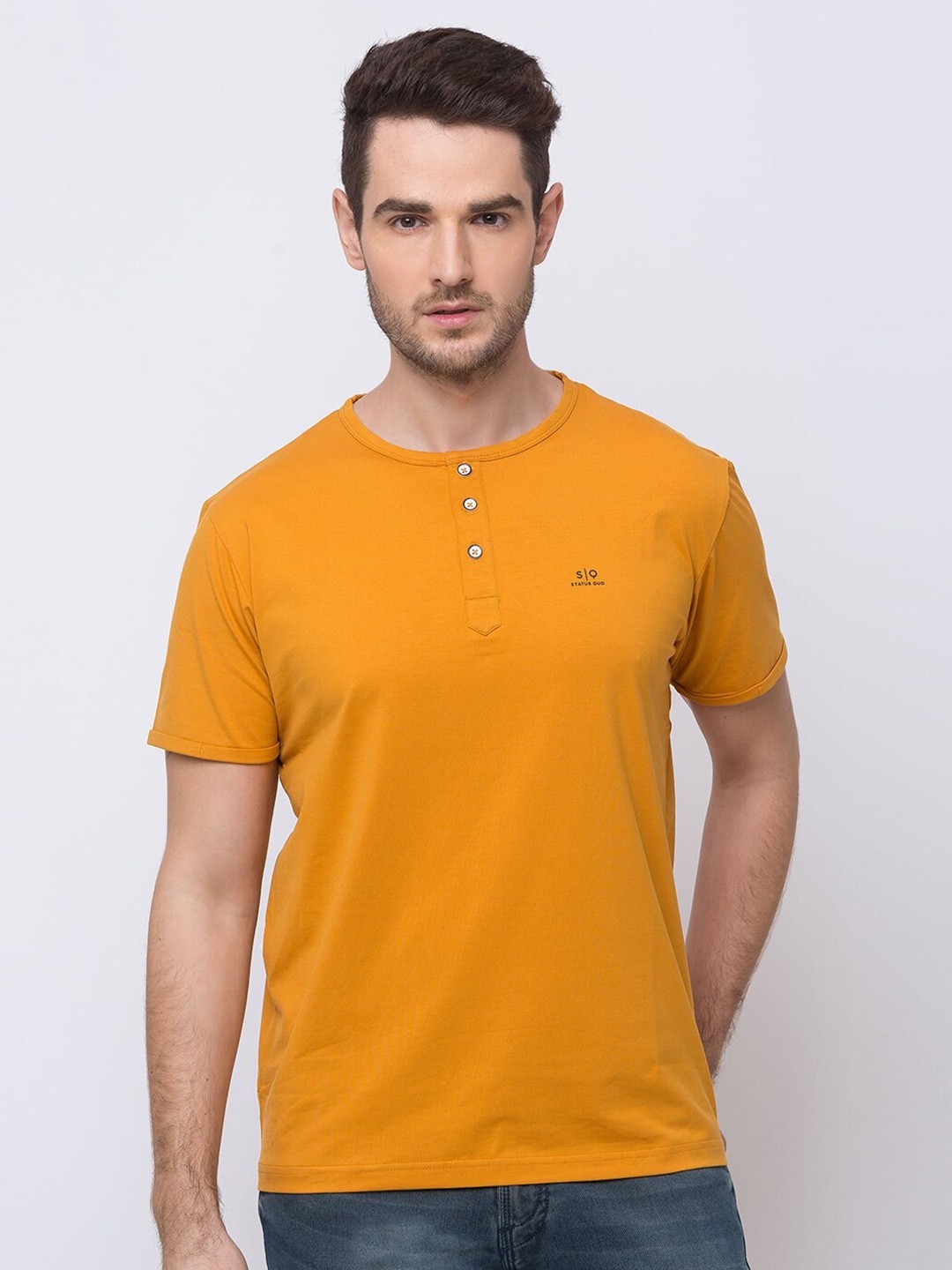 

Status Quo Men Yellow Henley Neck Cotton T-shirt