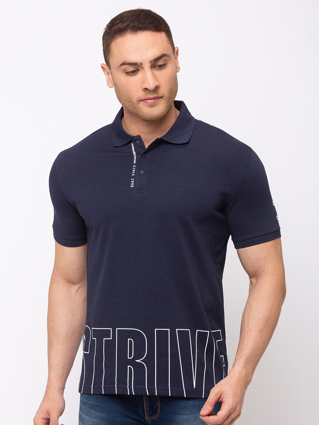 

Status Quo Men Navy Blue Typography Printed Polo Collar T-shirt