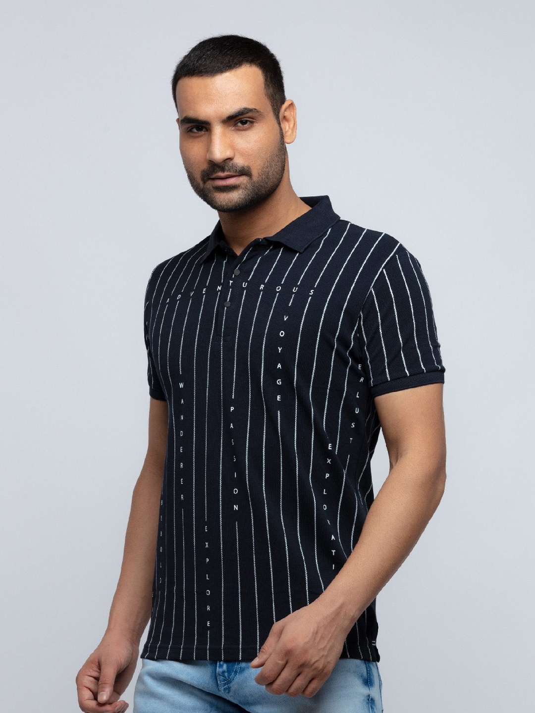 

Status Quo Men Navy Blue Striped Polo Collar T-shirt