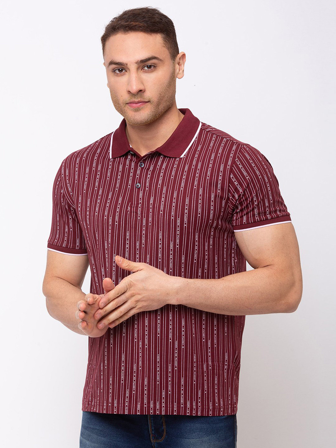 

Status Quo Men Maroon Striped Polo Collar T-shirt