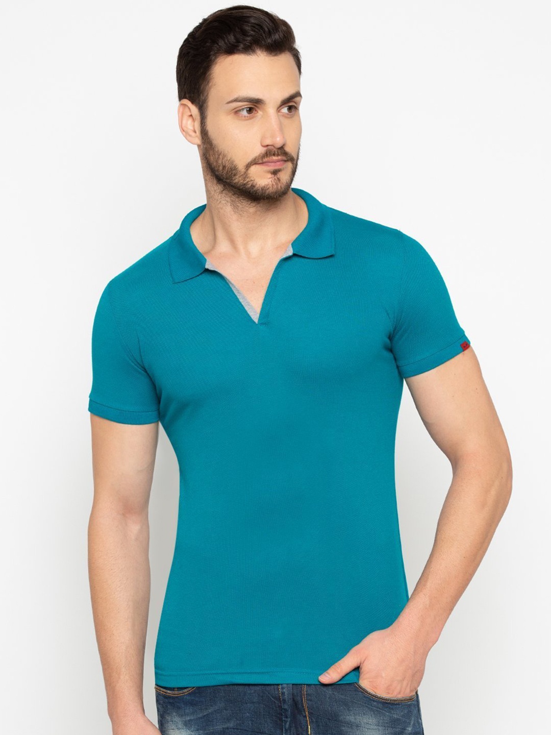 

Status Quo Men Teal Polo Collar Cotton T-shirt