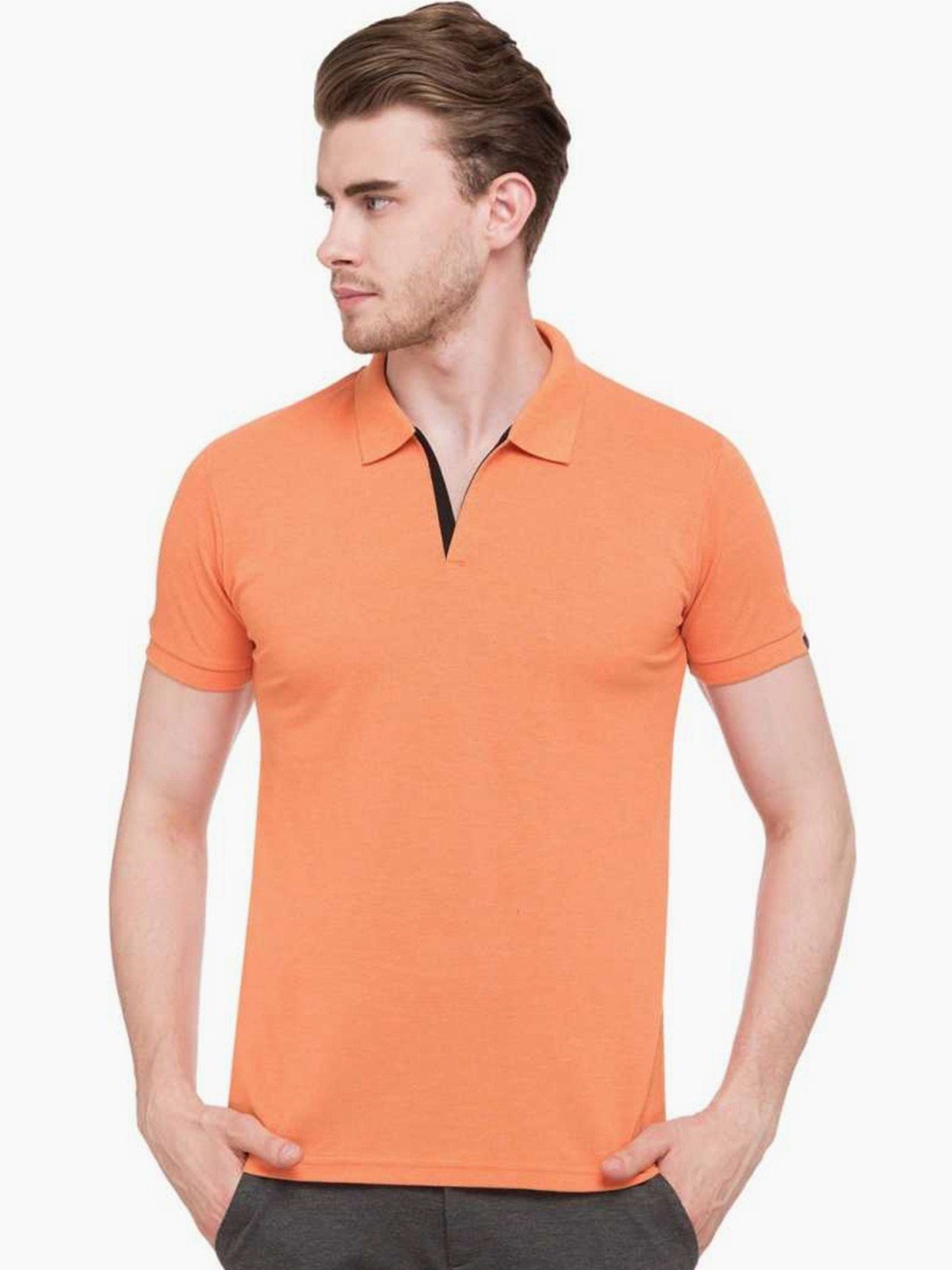 

Status Quo Men Orange Solid Polo Collar T-shirt