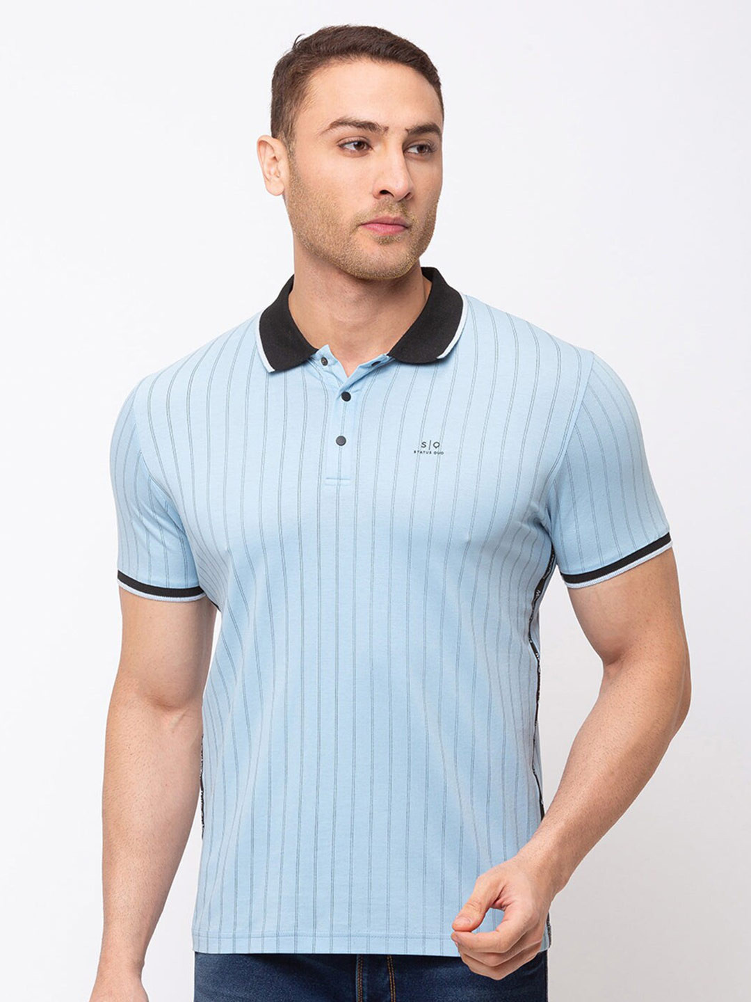 

Status Quo Men Blue Striped Polo Collar T-shirt