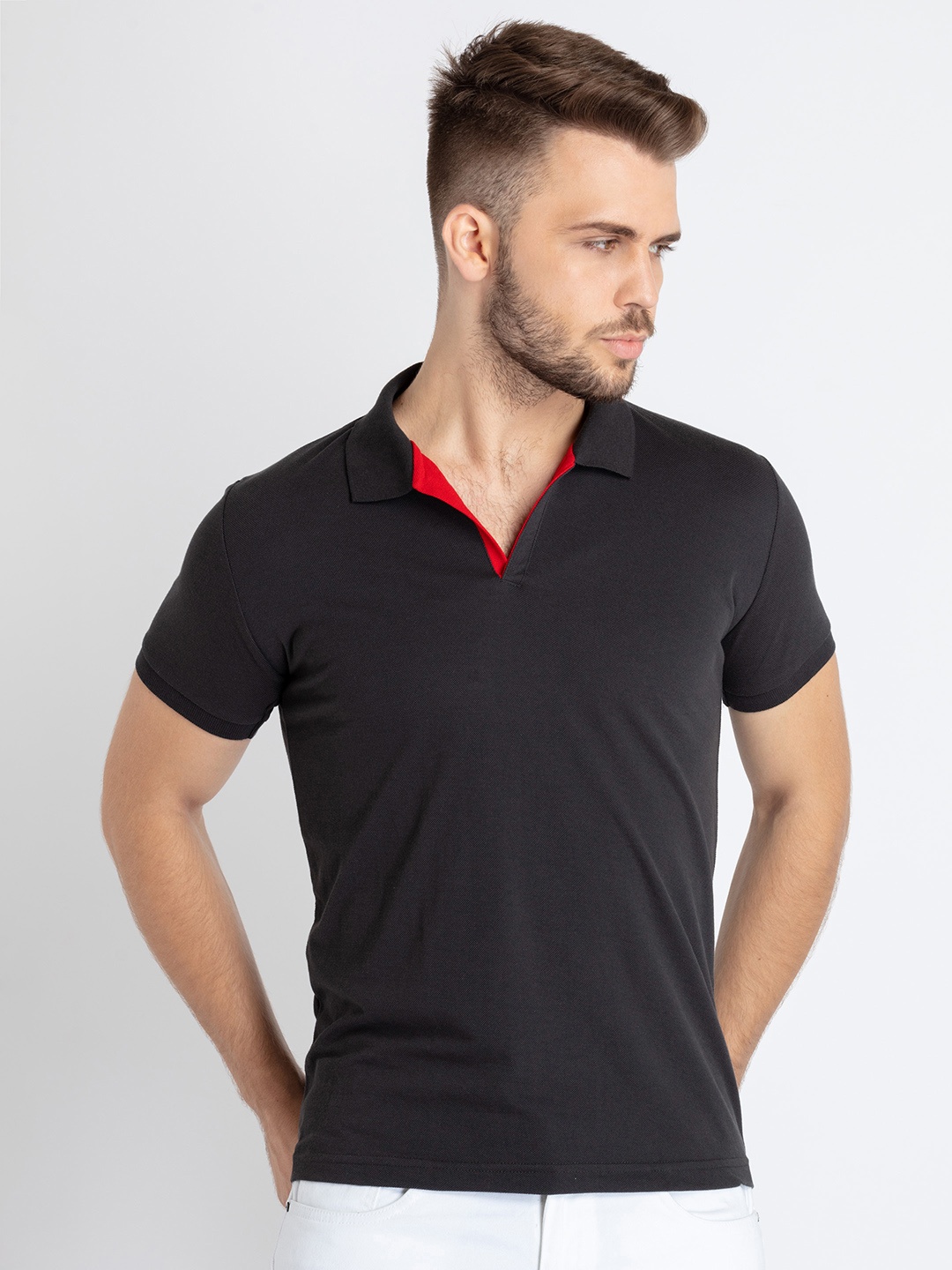

Status Quo Men Black Solid Slim Fit Polo Collar T-shirt, Charcoal
