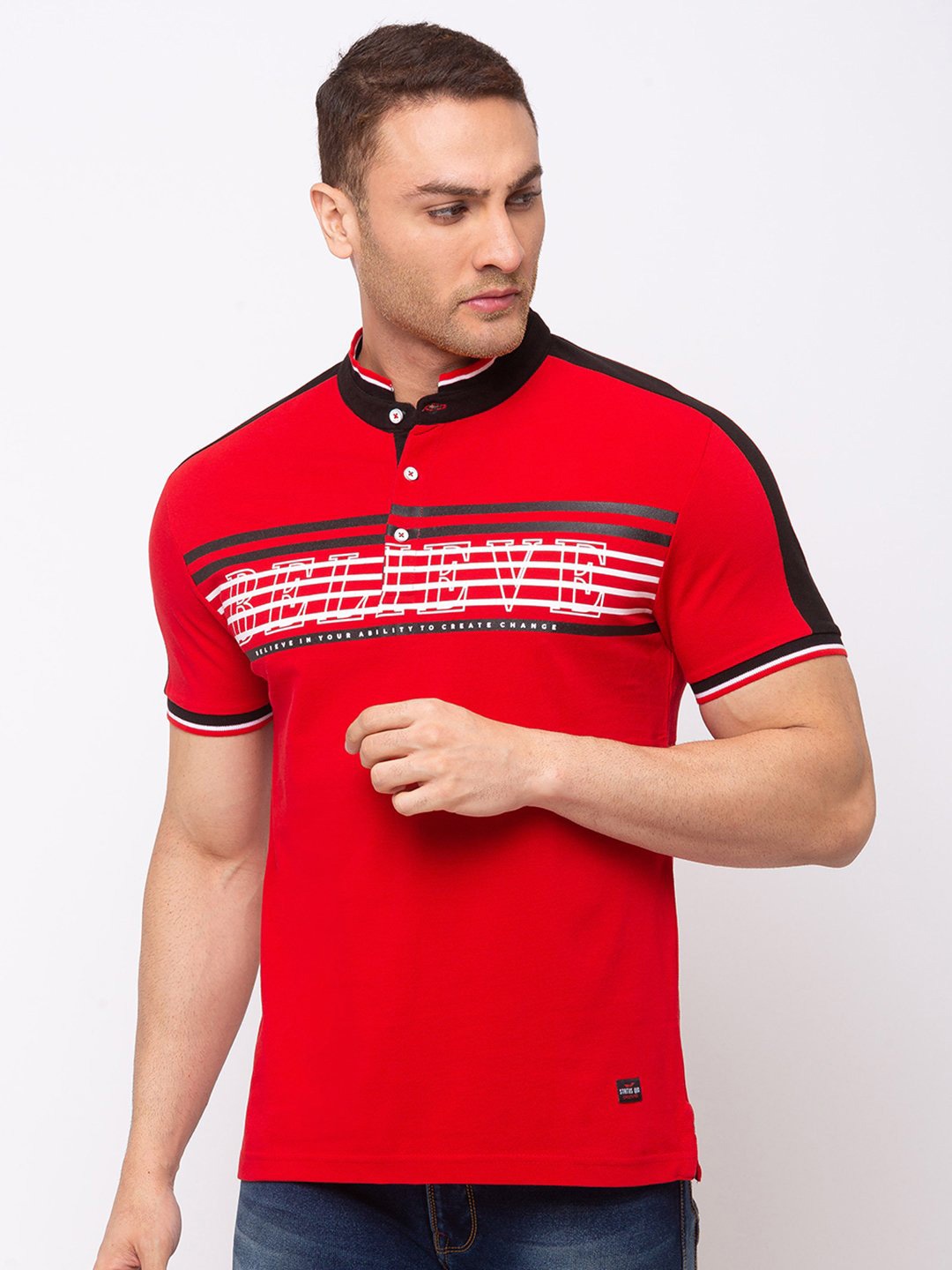 

Status Quo Men Red Typography Printed Mandarin Collar T-shirt