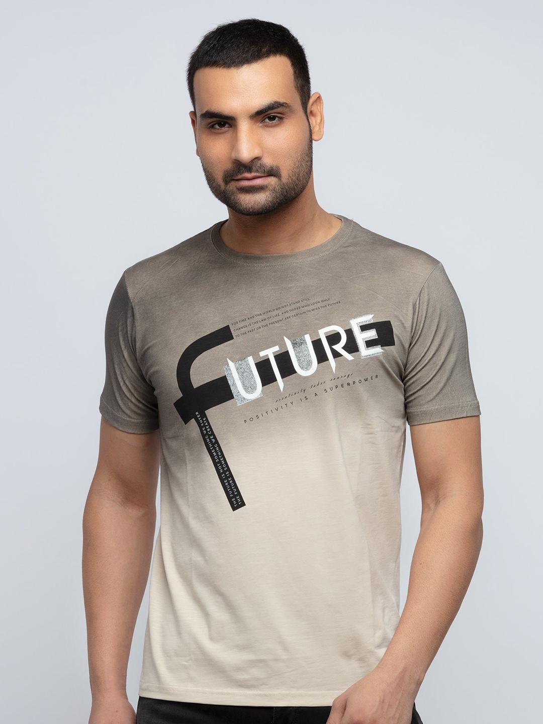 Status Quo Men Beige Typography Printed T-shirt
