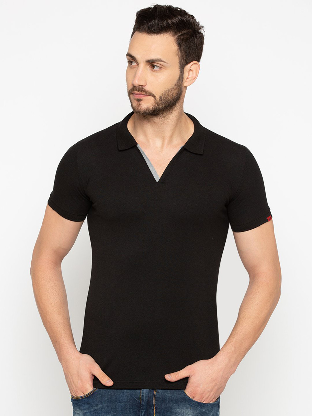 

Status Quo Men Black Polo Collar Cotton T-shirt