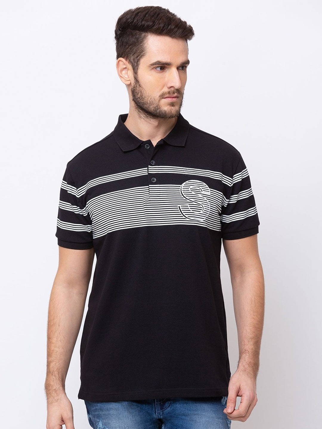 

Status Quo Men Black Striped Polo Collar T-shirt