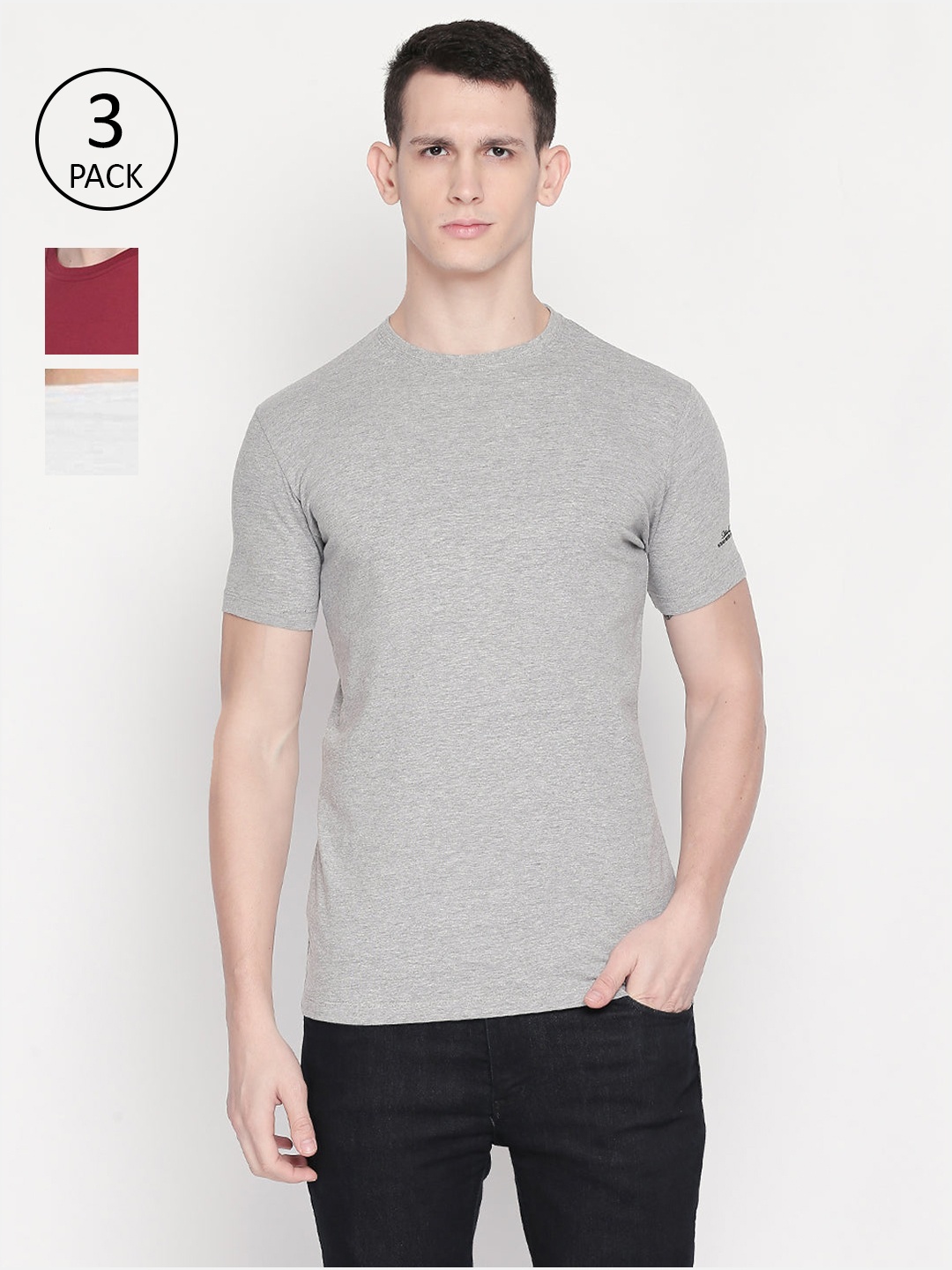 

Status Quo Men Grey & Maroon Set Of 3 Cotton T-shirt