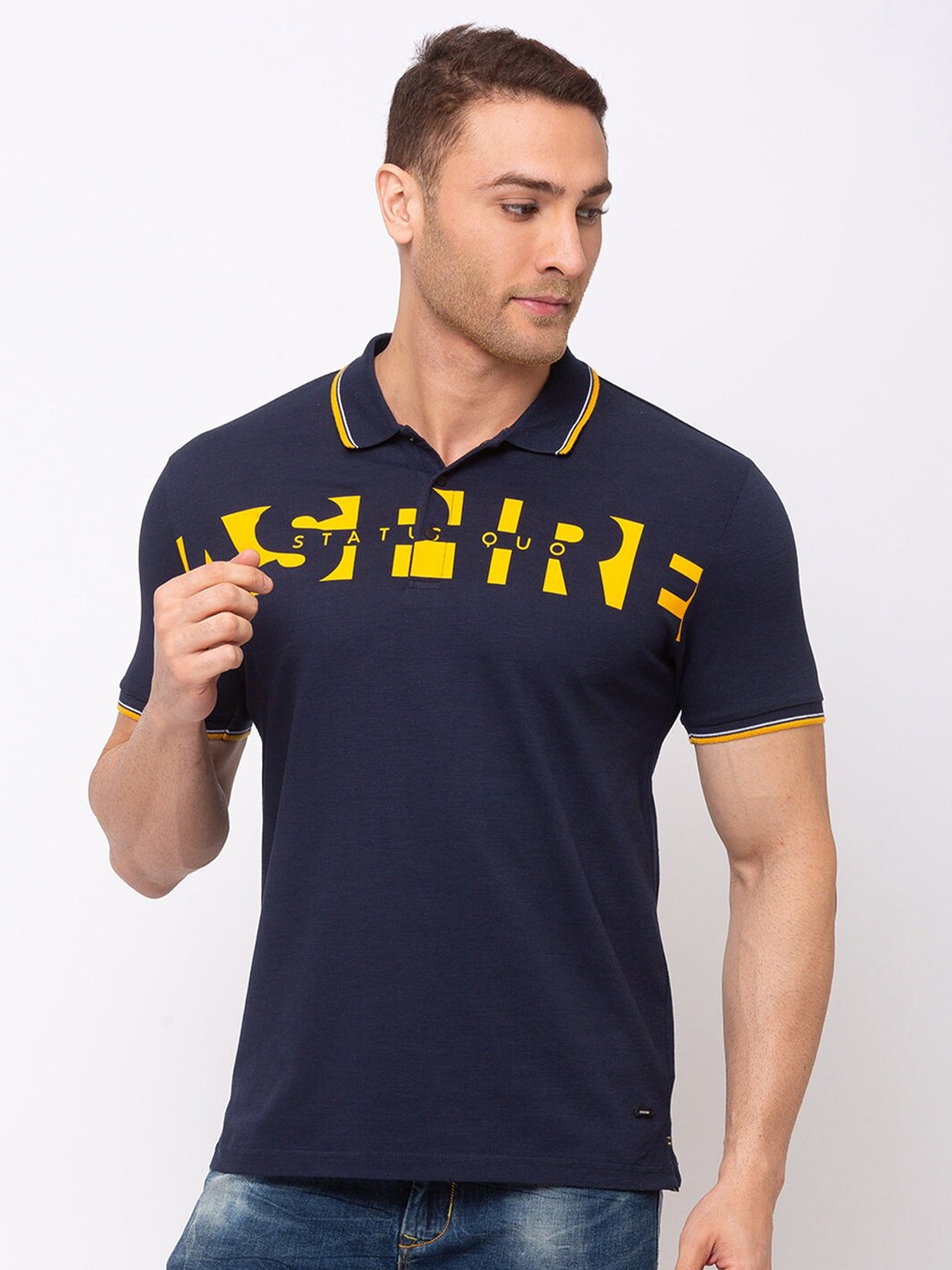 

Status Quo Men Navy Blue Printed Polo Collar T-shirt