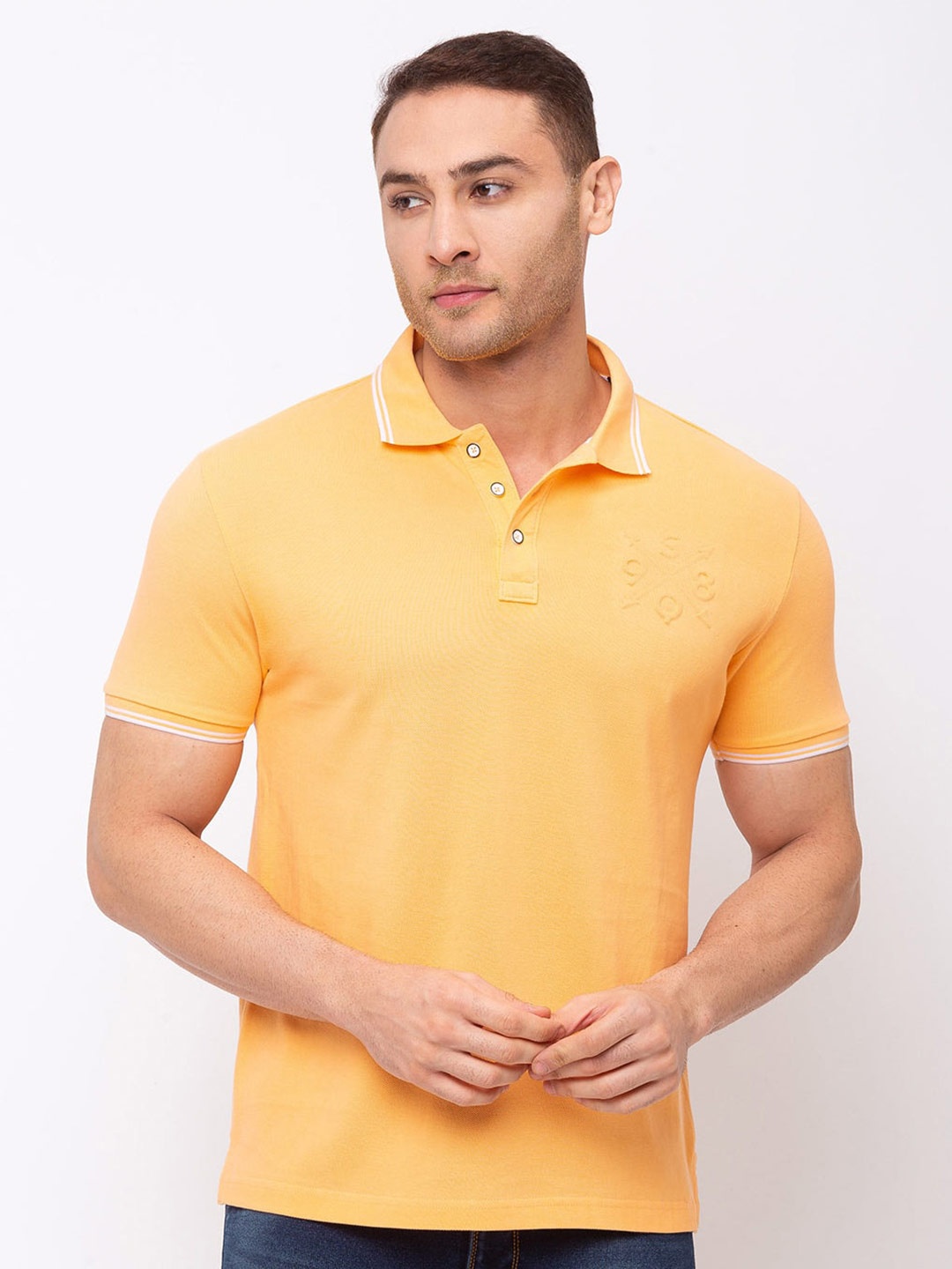 

Status Quo Men Orange Solid Polo Collar T-shirt